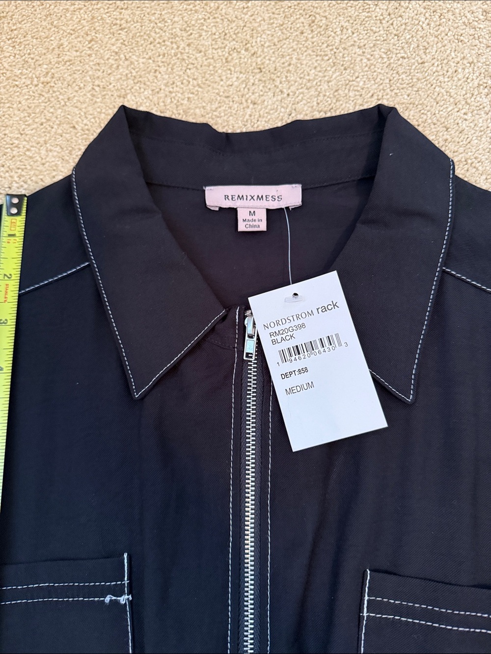 Black Short-Sleeve Zip Romper with Contrast Stitching - Picture 3 of 6